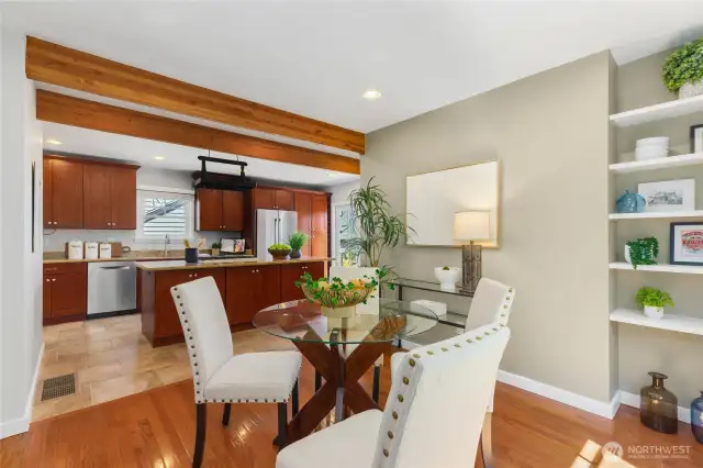 Exposed beams and recessed lighting