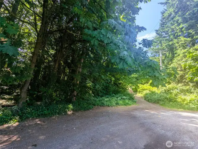 Parking area looking at path leading to property