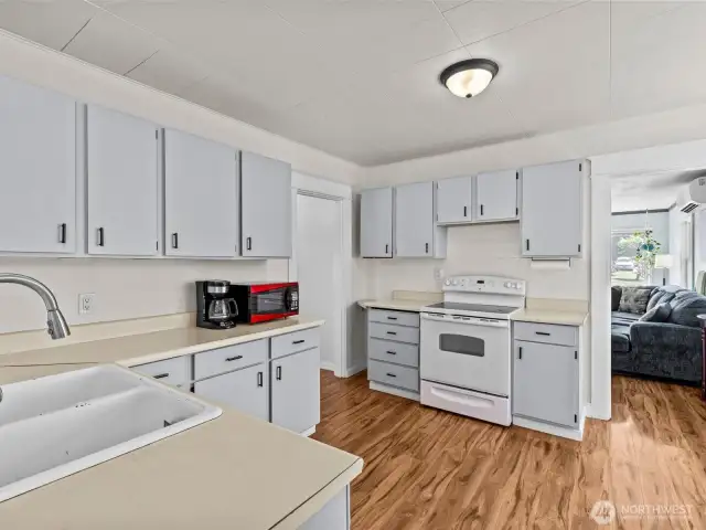 Personalize the spacious kitchen to your liking. The cabinets have been freshly painted.