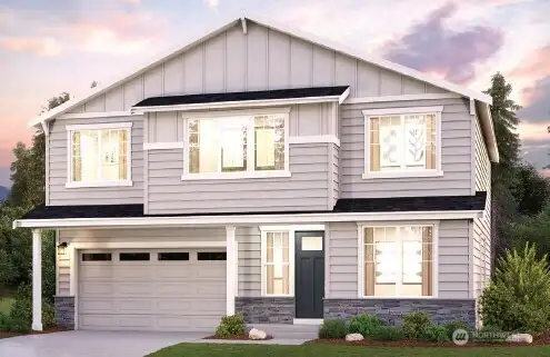Warren 2448 sf Elevation D Rendering-Depictions of homes or other features are artist conceptions. Hardscape, landscape, and other items shown may be decoration and not included in the purchase price and availability may vary, not promised. Views may also be altered by subsequent construction, tree growth, and landscaping