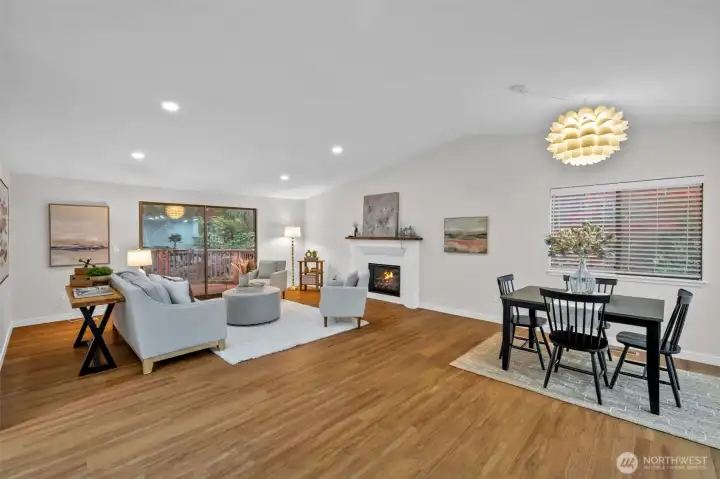 Huge great room fashion around a beautiful gas fireplace.