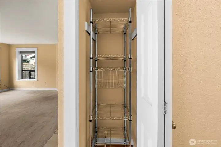 Hall closet used as pantry space.