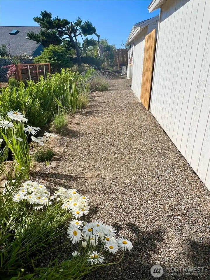 Behind the shed and house.  Completely landscaped.