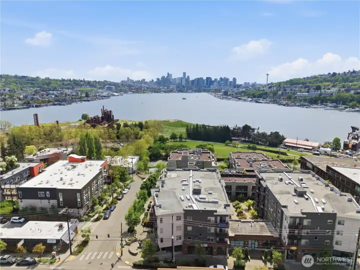 Drone view of Tavona with Gas Works Park and sparkling Lake Union as the stunning backdrop.