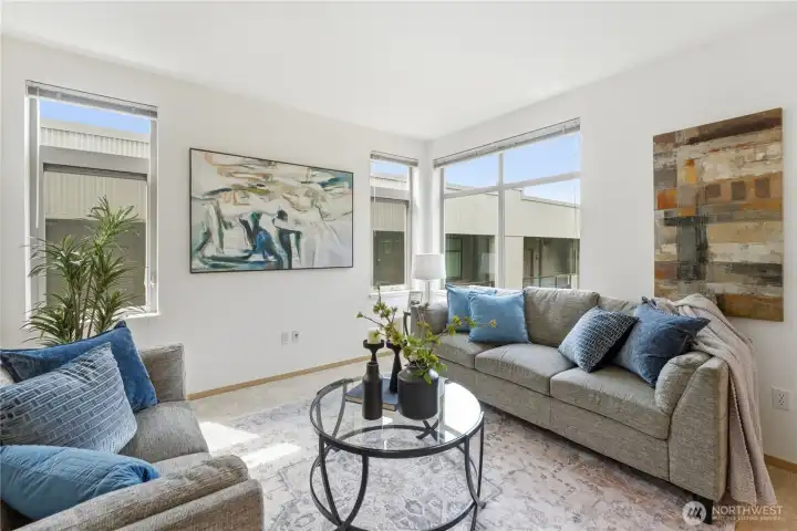 Additional angle of the living room, highlighting its light and open feel
