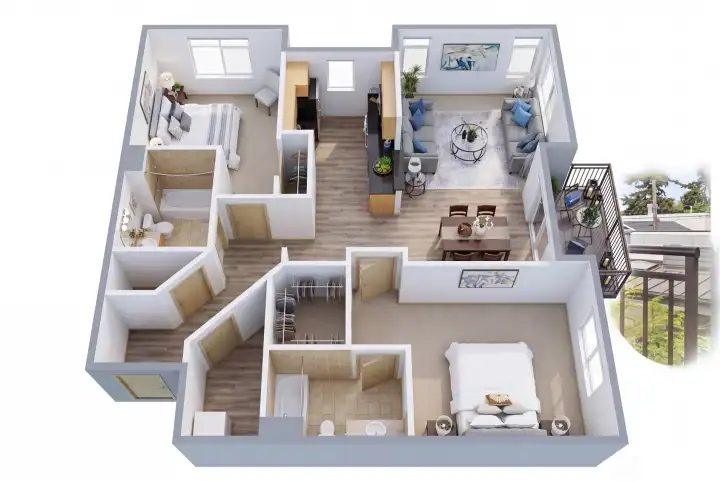 3-D rendering of the home’s spacious two-bedroom layout