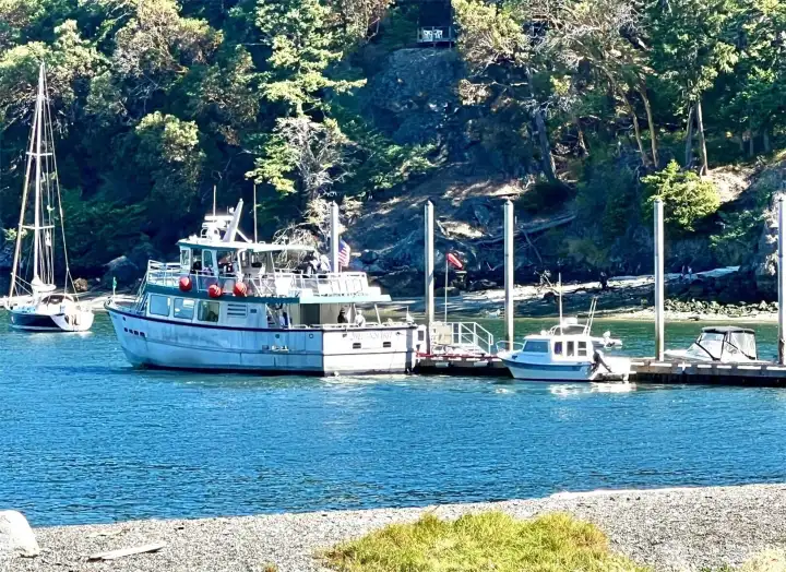 The community's boat, Sylvan Spirit, waiting at the dock. Fare for adult members is $26/pp