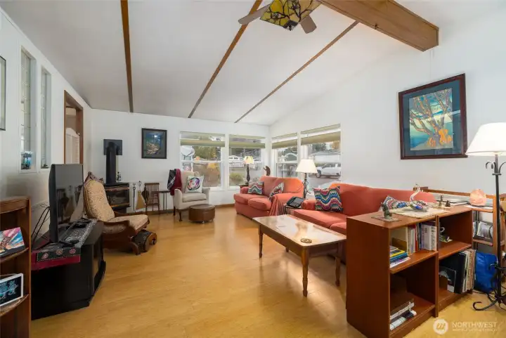Large living room with beautiful new bamboo floors.