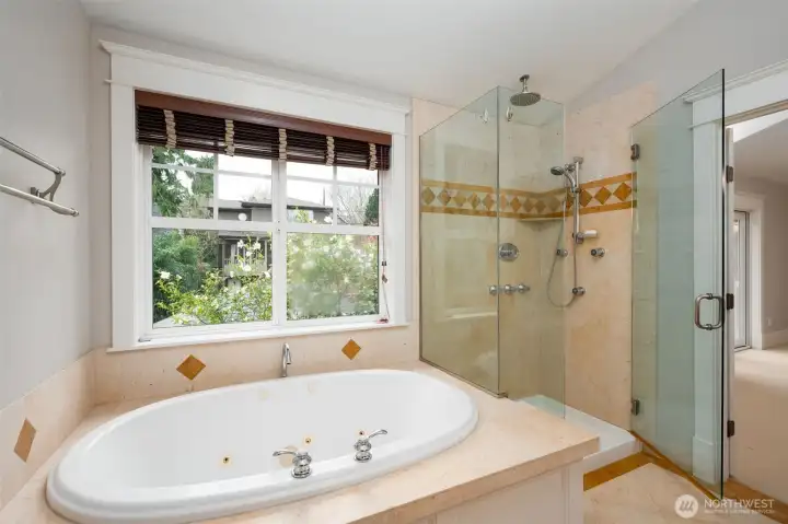 Separate soaking tub and walk-in shower