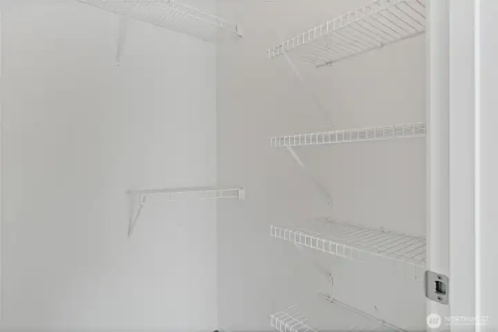 Second bedroom walk-in closet shelves.
