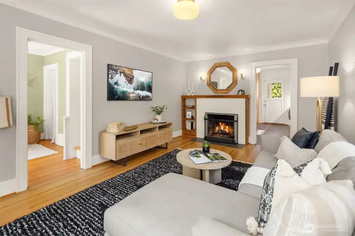 Oak floors in living room.