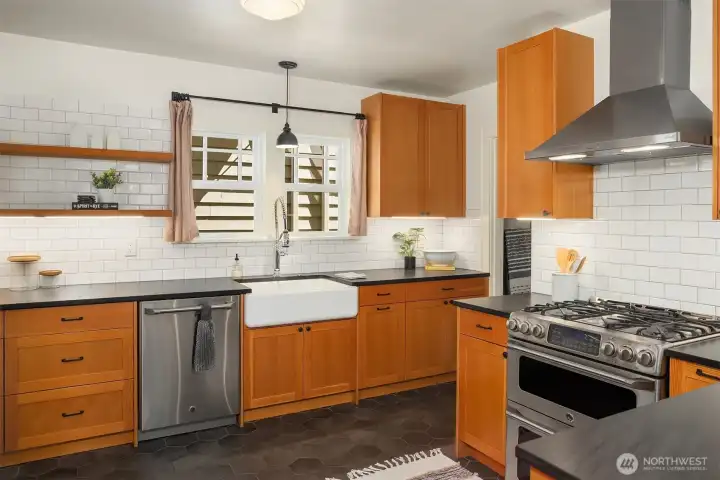 Vertical grain fir cabinetry made in a shop in Bellingham.