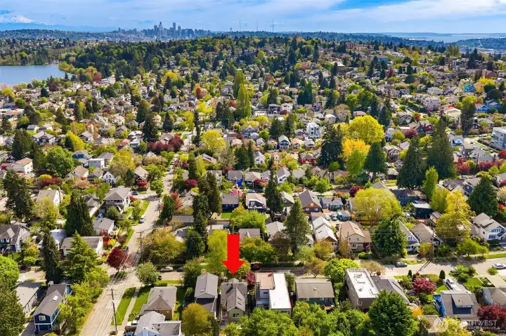 Downtown and Elliott Bay in the distance to the south.