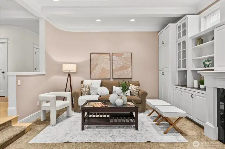 Spacious family room is both comfortable and functional.