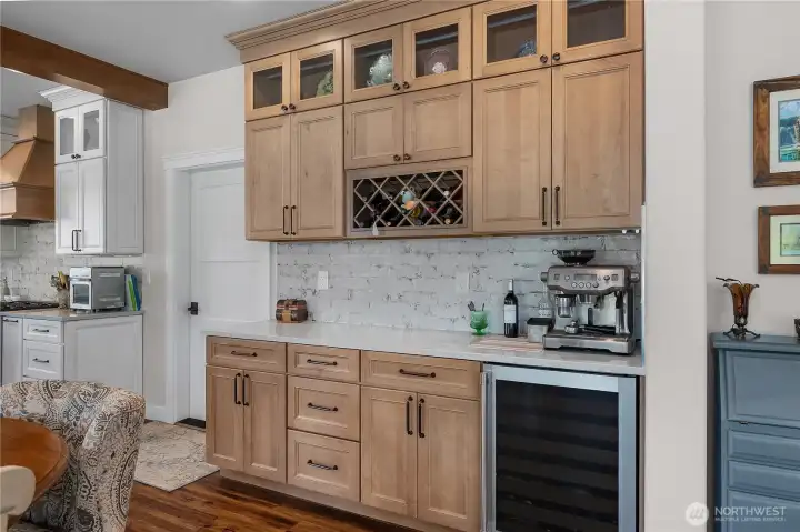 Wetbar with bev fridge.