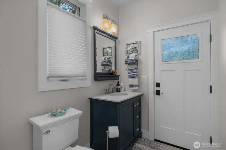 1/2 bath downstairs.  There is also an outdoor shower to rinse off from the lake.