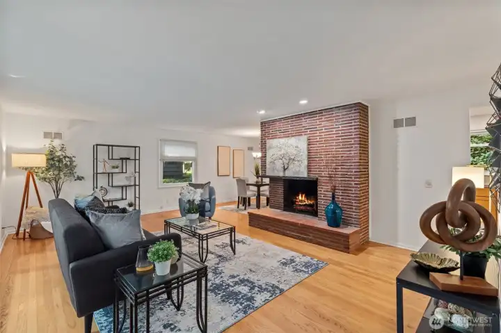 Entry into your living room with a wood burning fireplace.
