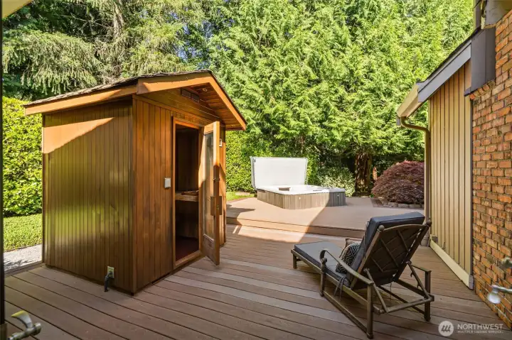The massive back deck includes multiple seating areas, sauna, hot tub