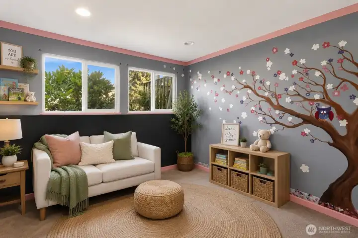 Bedroom downstairs in separate living space. Virtually staged Bedroom downstairs in separate living space. Virtually staged