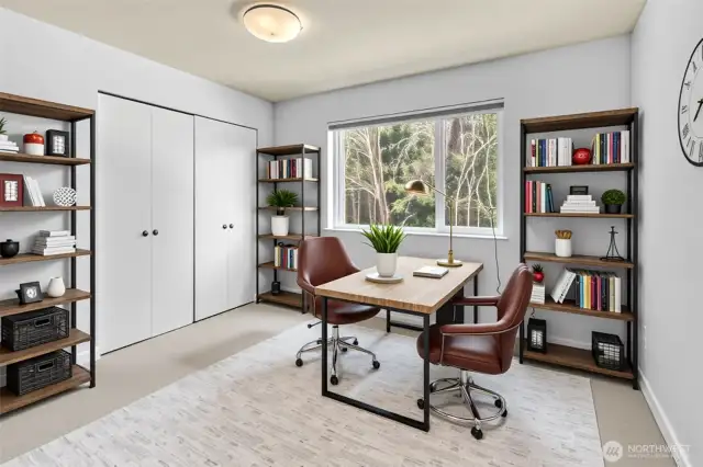 Note Viritually staged office.