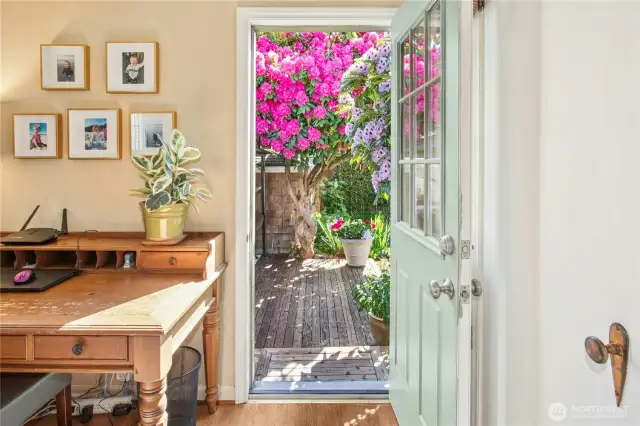 Door to deck & garden from guest bedroom