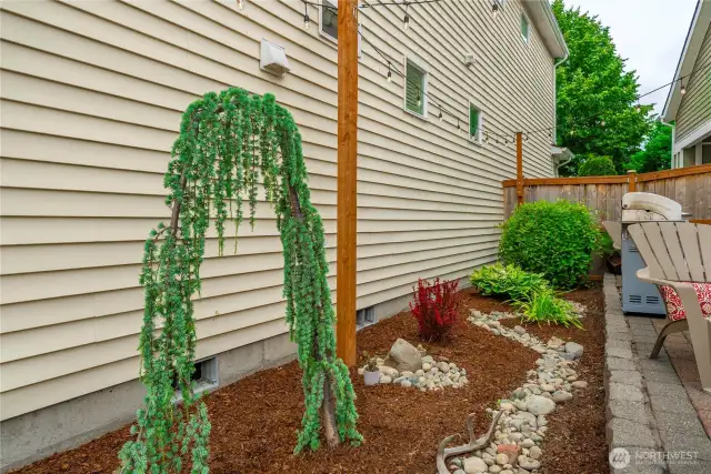 Yard is mostly hardscaped for ease of maintenance.