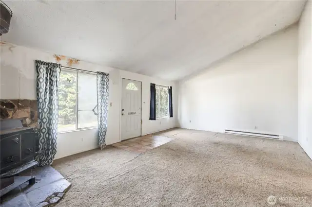 Vaulted ceiling in living room.