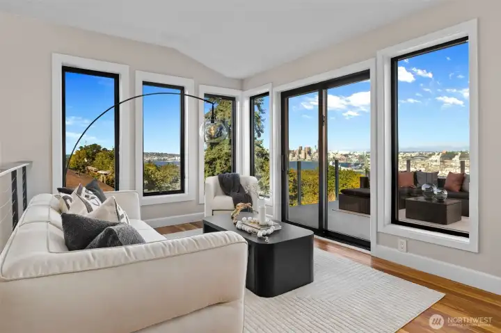 Living room; New windows and sliders throughout