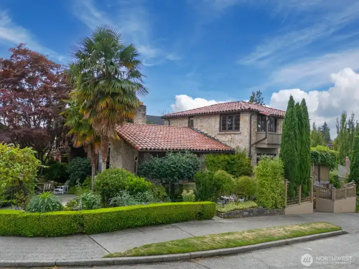 Large corner lot. One car garage access is just to the right of the Cypress trees.