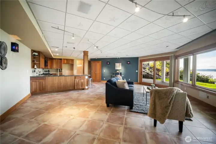 Downstairs living space with tile floors