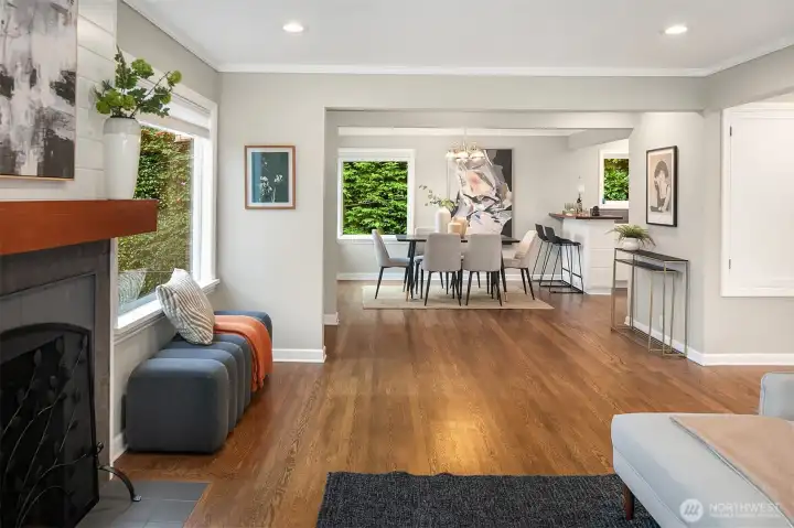 From the entry, the dining room is to your left