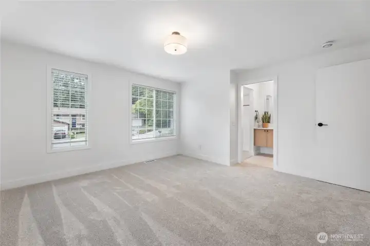Primary bedroom. New plush carpet, paint and lighting througout the upper level.