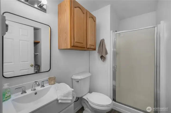 3/4 bath off the kitchen.