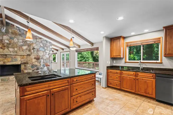 View from back of Kitchen looking towards French Doors leading out onto back deck.