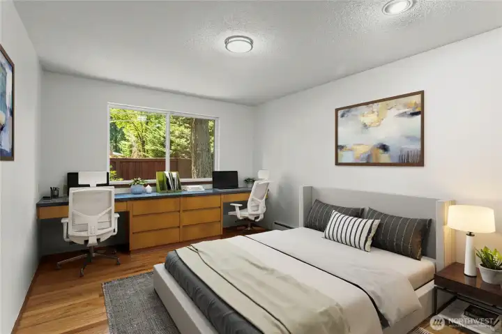 Great sized upstairs bedroom with Built in desks and natural light.Virtually staged