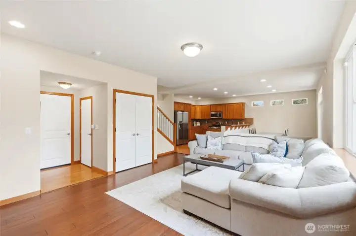 Garage entrance is just off the family room, with a half bath and large coat closet. Garage entrance is just off the family room, with a half bath and large coat closet.