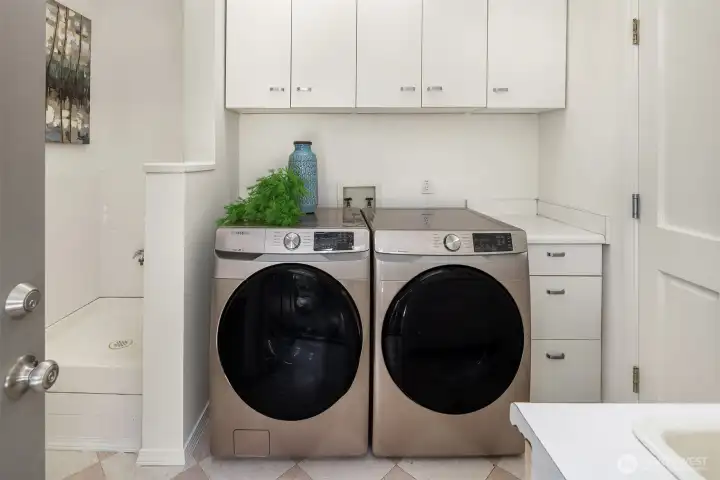 A thoughtfully designed mudroom and laundry space includes abundant storage, folding workspace, utility sink, and a dedicated dog washing station with direct exterior access.