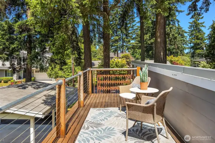 A west-facing rooftop deck tucked among the evergreens offers the perfect perch for sunset skies, morning coffee, or unwinding beneath the trees.