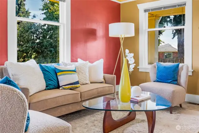 Inviting living room with east and south exposure plus an Italian plum tree right outside the window.