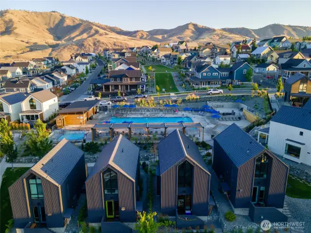 Aerial view of home looking North over the Vineyard District Pool.
