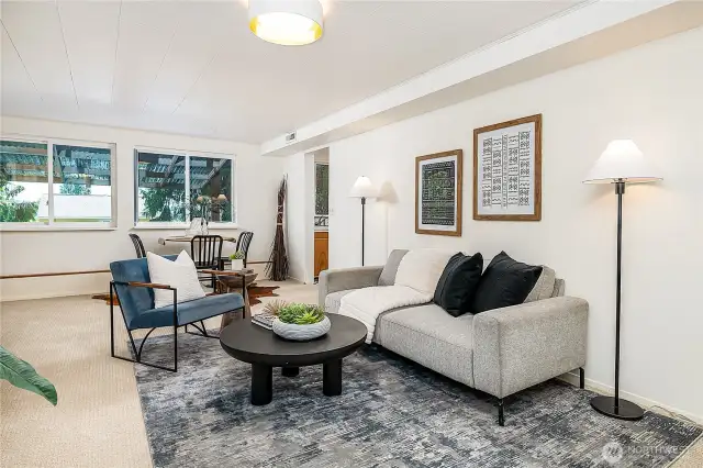 Loads of space on this lower level for desk, large couch and dining area