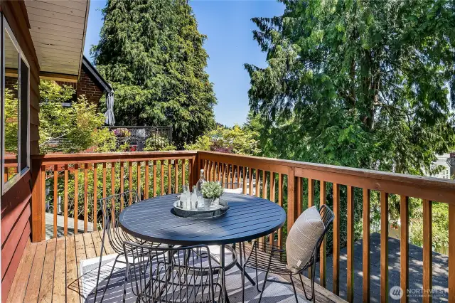 Deck off of Main floor dining space w/lovely, tree-bordered territorial views to the east. Lower level patio is below this deck