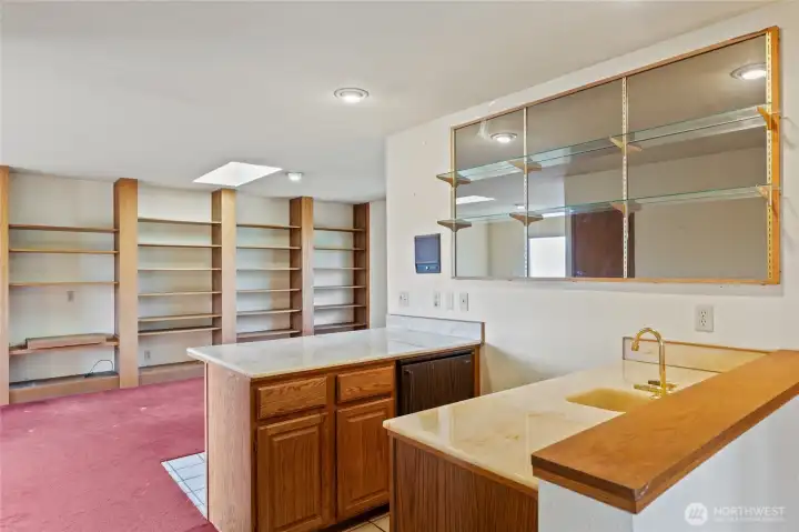 Wet bar and mini fridge.