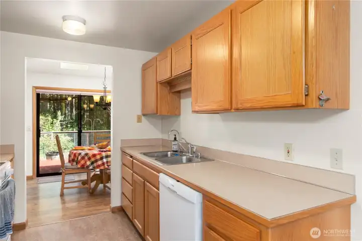 Kitchen is equipped with a deep sink, dishwasher and cabinetry with some pullout shelves below.