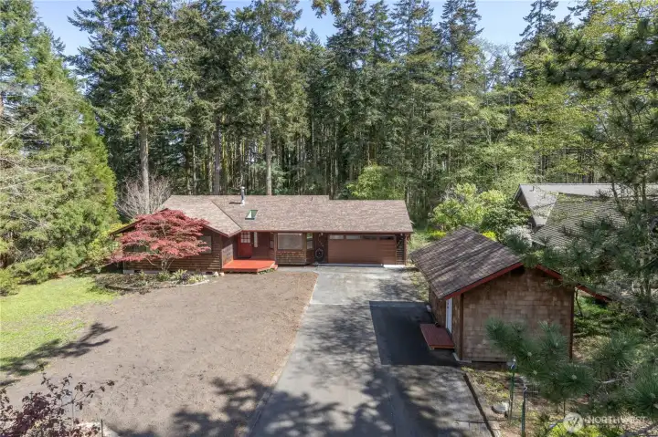 Elevated view of the house. Several large trees were recently removed to provide more light.