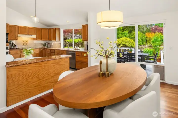 Expansive dining area featuring backyard access and adjacent kitchen connectivity.