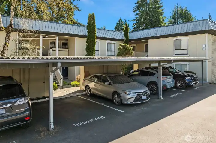 Dedicated covered parking space with large storage unit. Ample guest/additional parking!