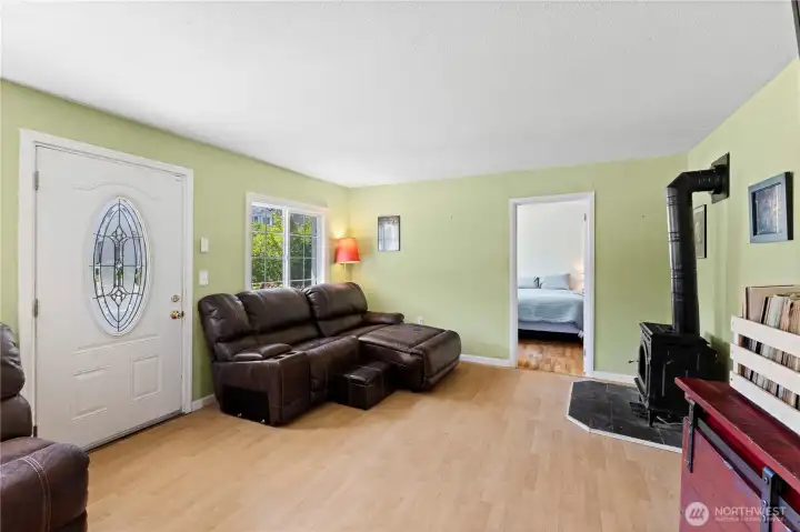 Large living room with gas stove. Large living room with gas stove.