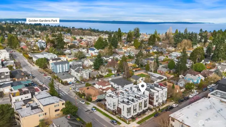 Aerial view facing Northwest showcasing close proximity to Golden Gardens Park. Aerial view facing Northwest showcasing close proximity to Golden Gardens Park.