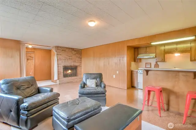 The lower level living area features a wood burning fireplace.